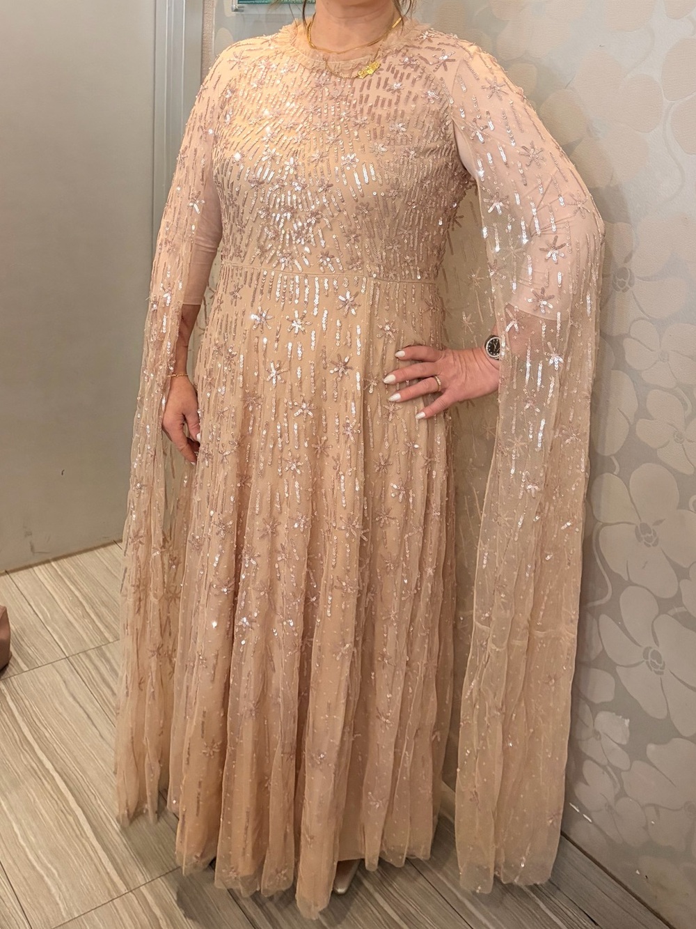 Mac Duggal Champagne Sequin Gown with Cape Sleeves